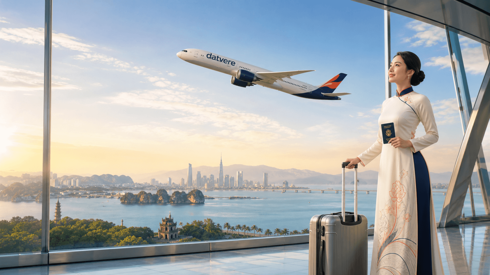 Hành khách Việt Nam tại sân bay và máy bay Datvere đang cất cánh