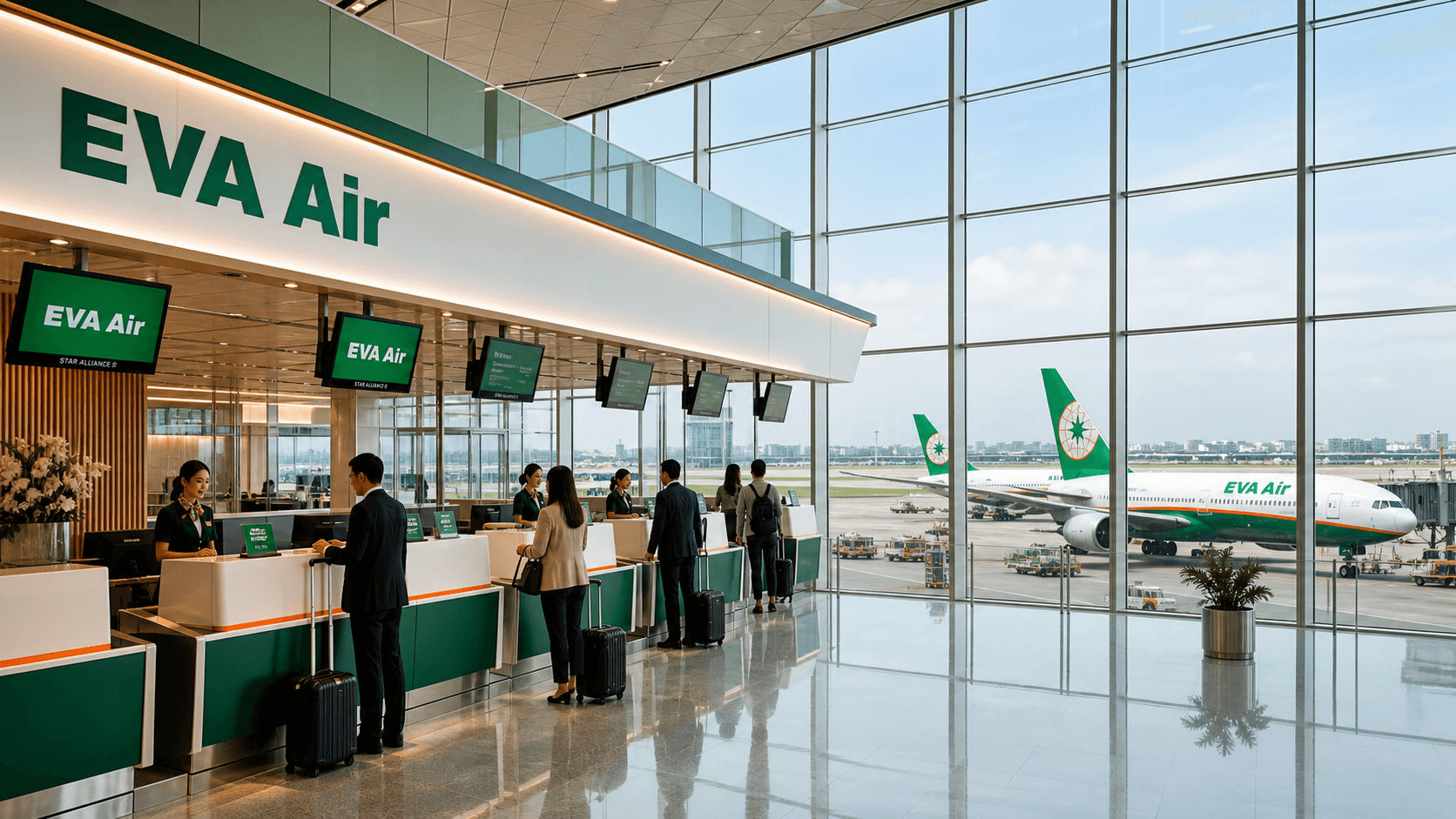 Quầy làm thủ tục và máy bay tại sân bay quốc tế