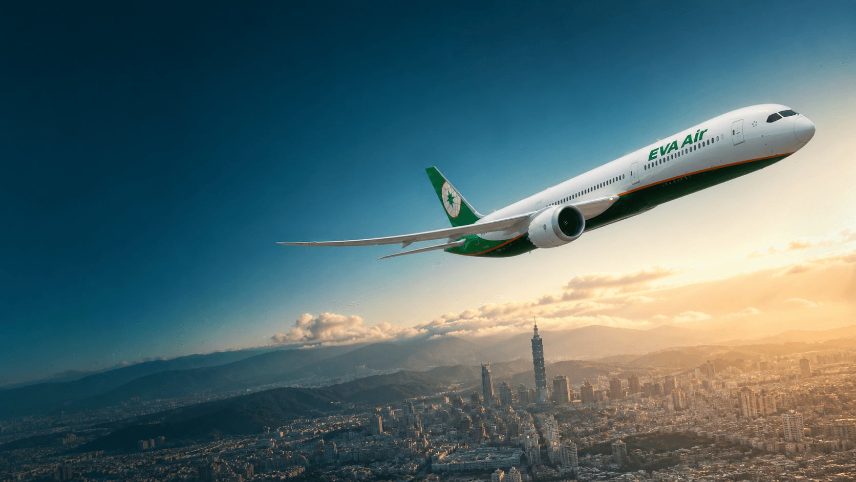 Máy bay EVA Air đang bay trên Đài Bắc và Taipei 101